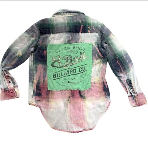 Ombre Plaid Tie Dye Graphic Button-Down Shirt Trick Shot 8 Ball Billiard Co #1E - Picture 2 of 6